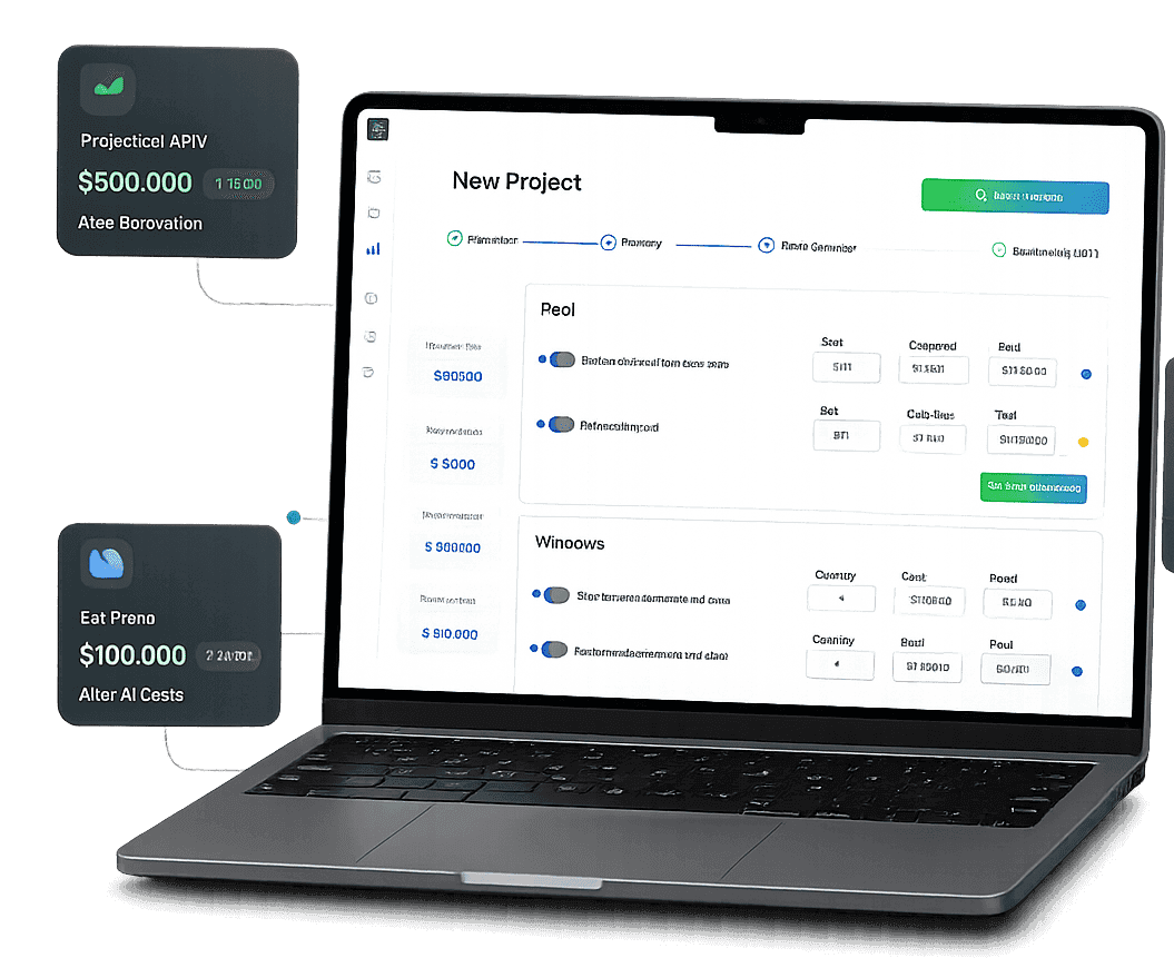 Checkmate Property calculator on a laptop with projected ARV and profit cards